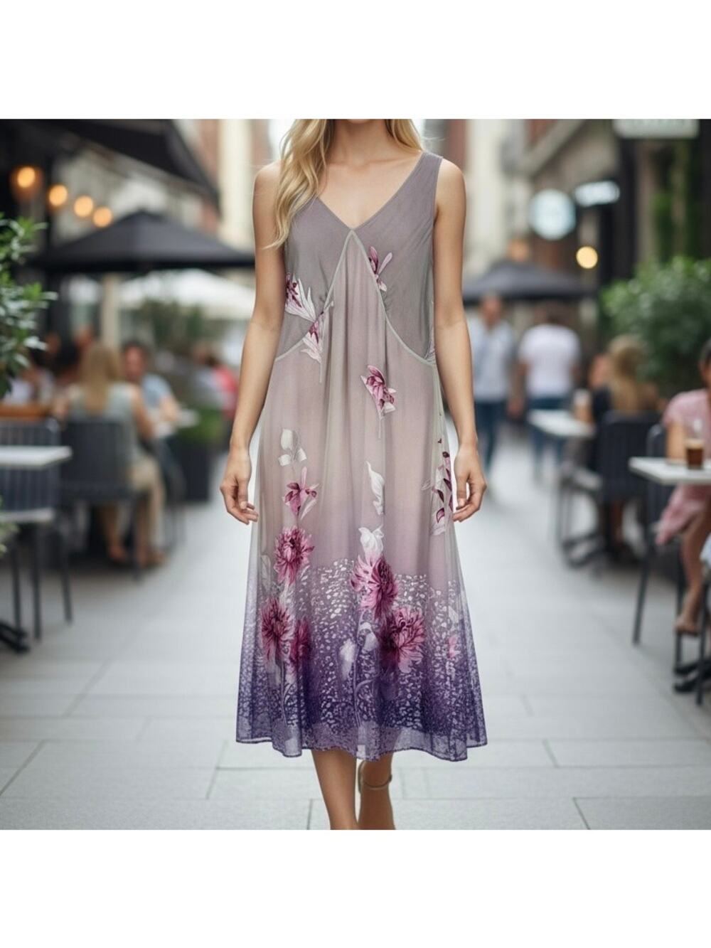 Maydayline Women's Vintage 100% Silk Floral Burnout Midi Dress Large Purple